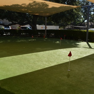 Artificial putting green with multiple numbered red flag pins and distinct turf speed zones installed beneath a shade sail at a commercial facility