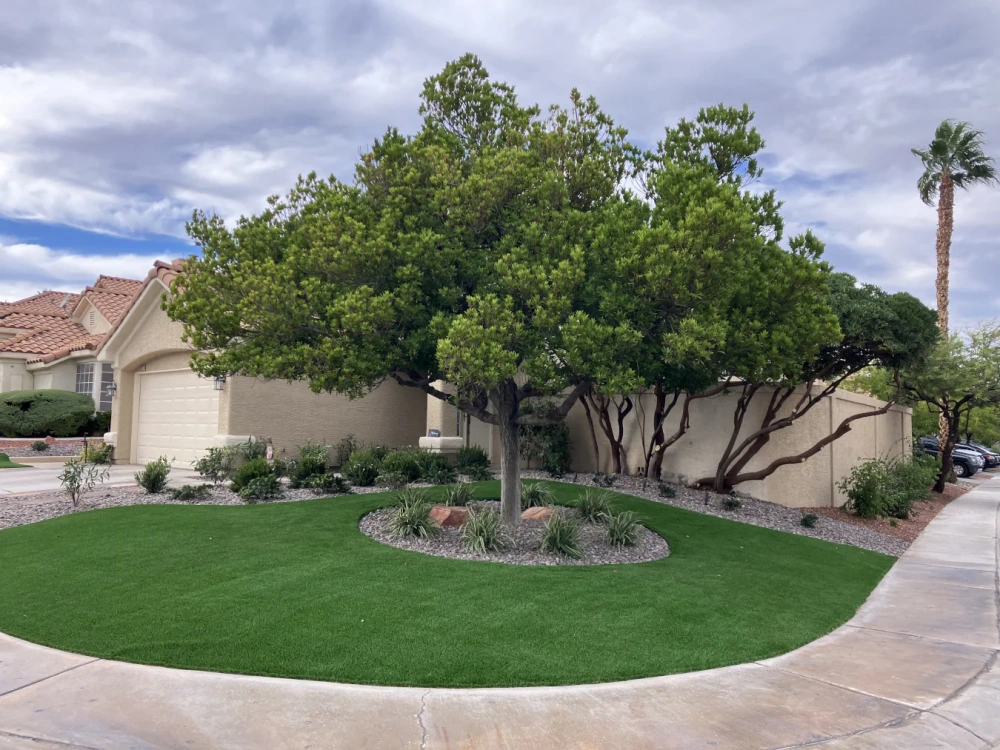 Front yard landscape with professionally installed artificial grass lawn, decorative rock bed, and mature shade trees for a clean, low-maintenance residential curb appeal.
