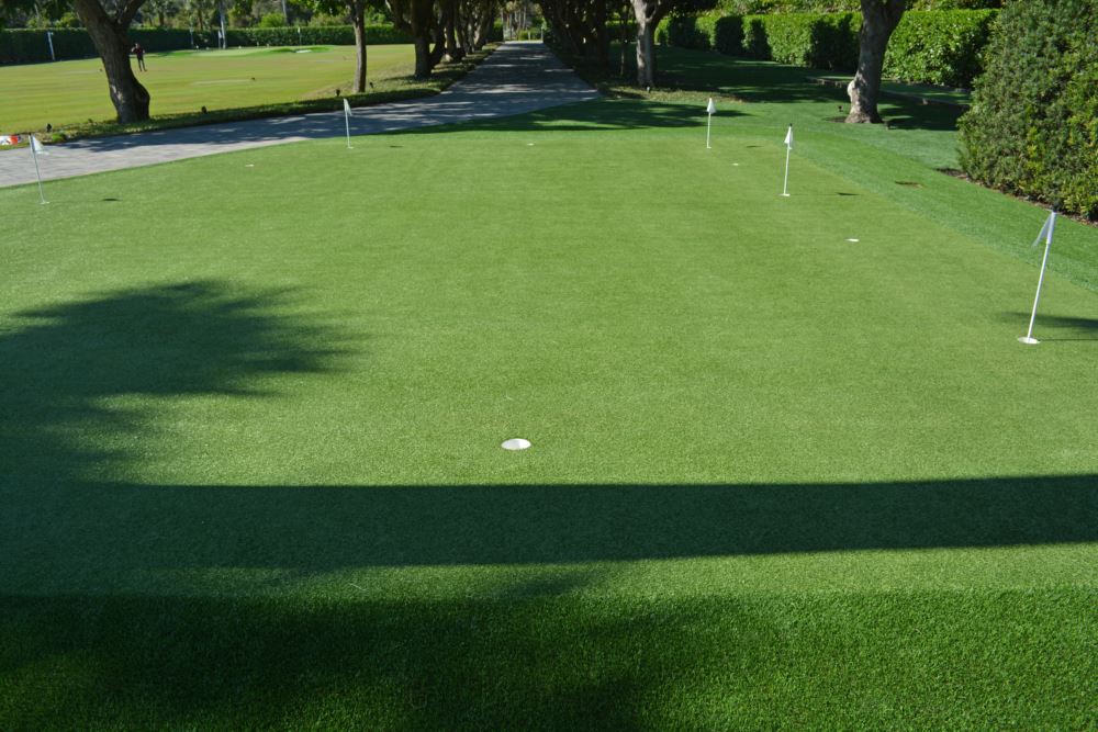 Large residential synthetic putting green with flagsticks viewed from ground level.