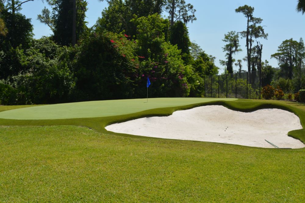 Custom backyard putting green by Southwest Greens featuring a large white sand bunker, blue flag, and lush tropical landscaping.