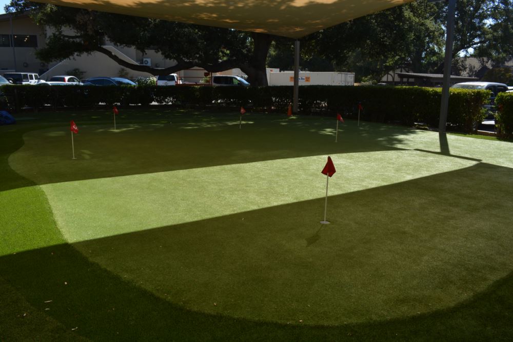 Commercial artificial putting green with six red flag pins and two turf speed zones under a large shade sail canopy beside a hedgerow