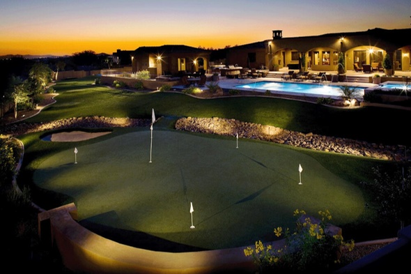Southwest Greens artificial golf green with sand trap at luxury home