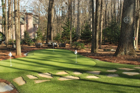 Backyard putting green with flags and trees