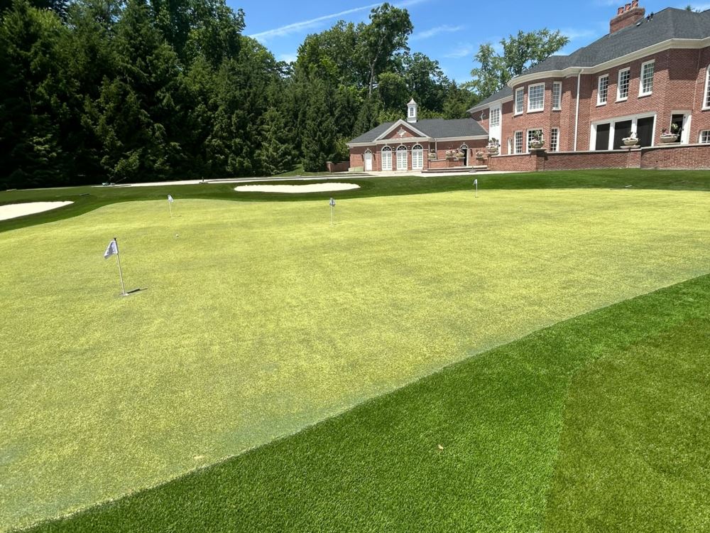 Artificial turf putting green in front of a 2 story house
